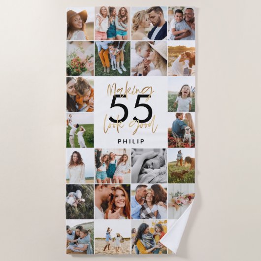 Serviette De Plage âge modifiable chic anniversaire multi photo scrip (Devant)