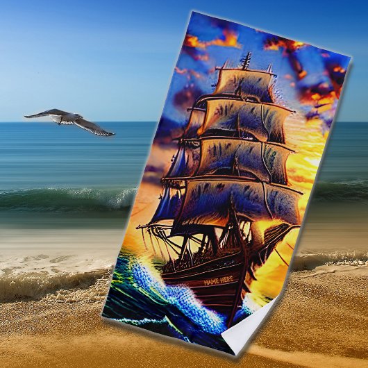 Serviette De Plage Ajouter le nom, bateau à voile Brown Pirate dans l