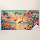 Serviette De Plage Ajouter le nom Beach Sunset Flamants roses Fleurs  (Devant)