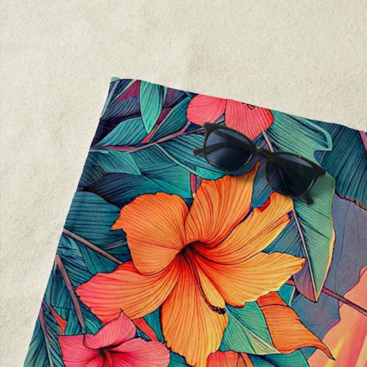 Serviette De Plage Ajouter le nom Beach Sunset Flamants roses Fleurs (En situation)