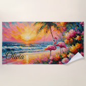 Serviette De Plage Ajouter le nom Beach Sunset Flamants roses Fleurs  (Devant)