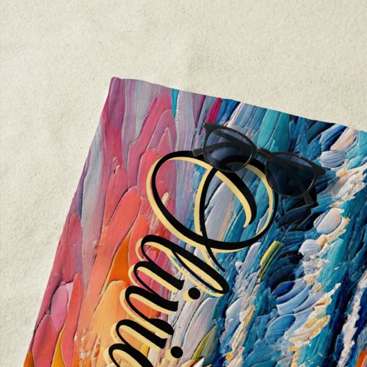 Serviette De Plage Ajouter le nom Beach Sunset Flamants roses Fleurs (En situation)