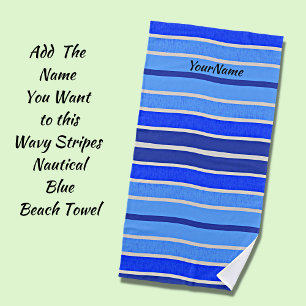 Serviette De Plage Ajouter le nom Bleu et Blanc Vagues Bleu Bleu et B