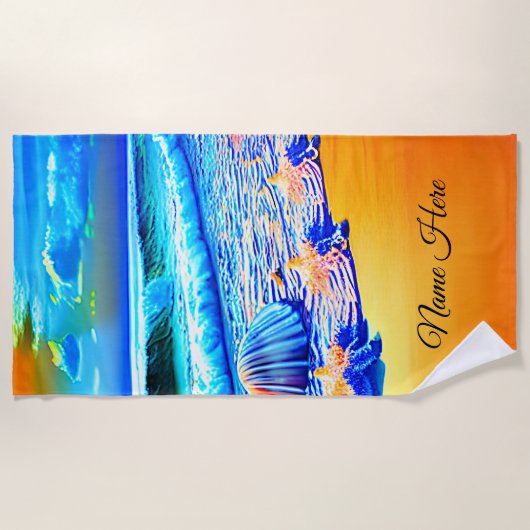 Serviette De Plage Ajouter le nom, Golden Sands Ocean Waves Sea Shell (Devant)