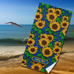 Serviette De Plage Ajouter le nom Golden Sunflowers & Feuilles sur Da
