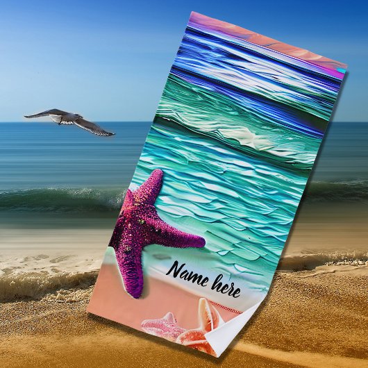 Serviette De Plage Ajouter le nom, Ocean Waves et Purple Star Fish su