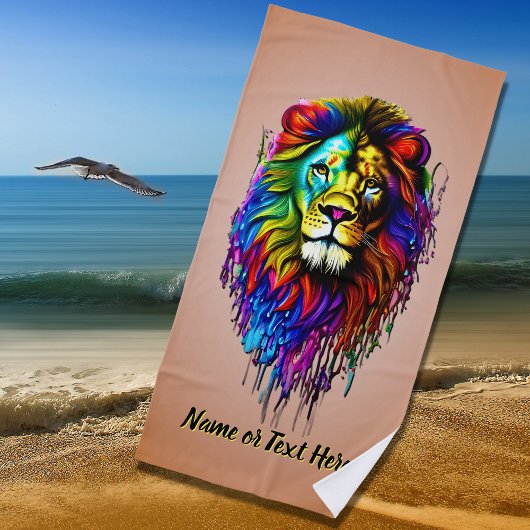Serviette De Plage Ajouter le nom Texte, Lion de la goutte de peintur