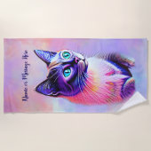 Serviette De Plage Ajouter le nom Texte, Pastels Peint Chat Siamais (Devant)