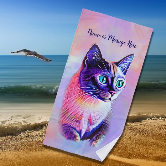 Serviette De Plage Ajouter le nom Texte, Pastels Peint Chat Siamais