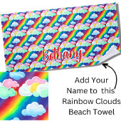 Serviette De Plage Ajouter le nom Texte, Rainbow Cotton Candy Nuages