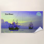 Serviette De Plage Ajouter Nom, Bateaux à voile Pirate, Bleu (Devant)