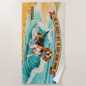 Serviette De Plage Ajouter Nom, Chien Beagle courant dans des vagues (Devant)