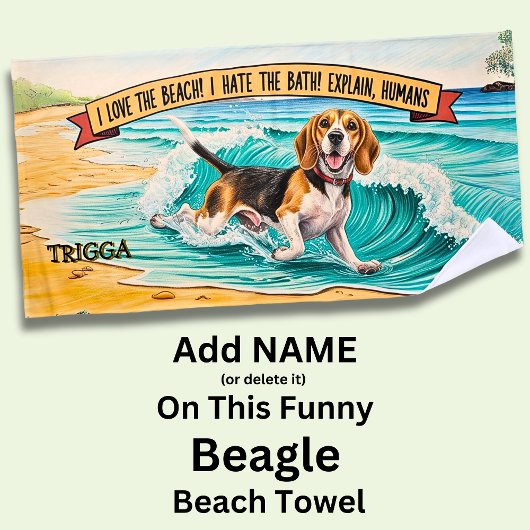 Serviette De Plage Ajouter Nom, Chien Beagle courant dans des vagues