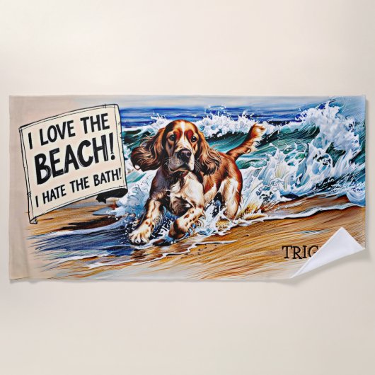 Serviette De Plage Ajouter Nom, Cocker Spaniel Splashing dans Waves D (Devant)
