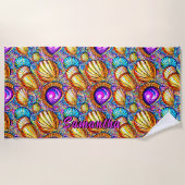 Serviette De Plage Ajouter Nom, Collection de coquilles marines Abstr (Devant)