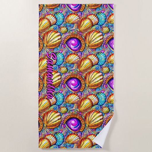 Serviette De Plage Ajouter Nom, Collection de coquilles marines Abstr (Devant)