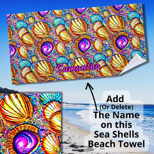 Serviette De Plage Ajouter Nom, Collection de coquilles marines Abstr