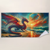 Serviette De Plage Ajouter Nom, Dragon sur la plage au coucher du sol (Devant)