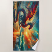 Serviette De Plage Ajouter Nom, Dragon sur la plage au coucher du sol (Devant)