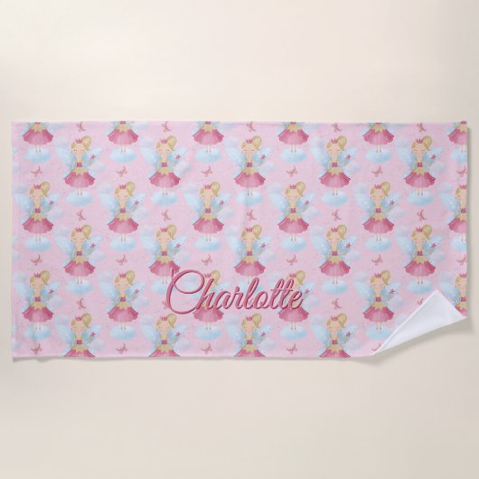 Serviette De Plage Ajouter Nom, Fée rose avec baguette et ailes bleue (Devant)