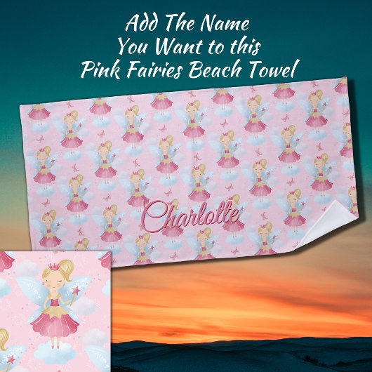 Serviette De Plage Ajouter Nom, Fée rose avec baguette et ailes bleue