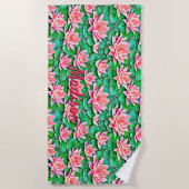 Serviette De Plage Ajouter Nom, Fleurs De Lotus Rose Sur Feuilles Ver (Devant)