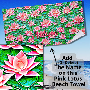 Serviette De Plage Ajouter Nom, Fleurs De Lotus Rose Sur Feuilles Ver