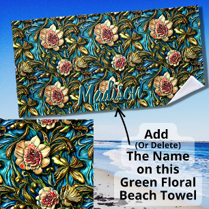 Serviette De Plage Ajouter Nom, Fleurs roses 3D Feuilles verts sur bl