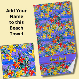 Serviette De Plage Ajouter Nom, Fleurs rouges et jaunes sur bleu