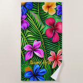 Serviette De Plage Ajouter Nom, Fleurs tropicales stylisées et Feuill (Devant)