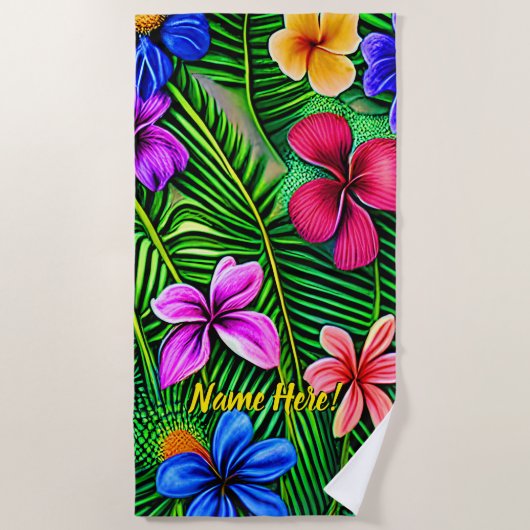 Serviette De Plage Ajouter Nom, Fleurs tropicales stylisées et Feuill (Devant)
