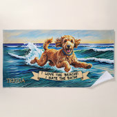 Serviette De Plage Ajouter Nom, Goldendoodle Dog Splashing dans les v (Devant)