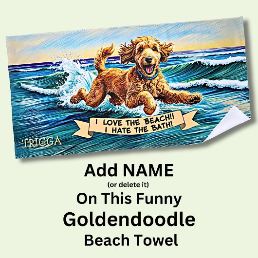 Serviette De Plage Ajouter Nom, Goldendoodle Dog Splashing dans les v