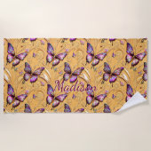 Serviette De Plage Ajouter Nom, Imaginaire Papillon Mauve Iridescente (Devant)