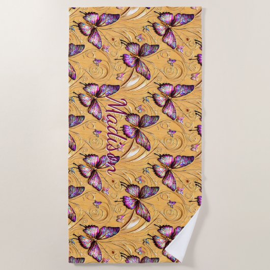 Serviette De Plage Ajouter Nom, Imaginaire Papillon Mauve Iridescente (Devant)