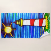 Serviette De Plage Ajouter Nom, Phare au soleil, Rouge Jaune Bleu (Devant)