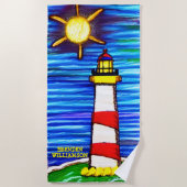 Serviette De Plage Ajouter Nom, Phare au soleil, Rouge Jaune Bleu (Devant)