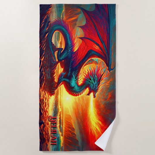 Serviette De Plage Ajouter Nom, Red Fire Breathing Dragon sur la plag (Devant)