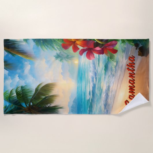 Serviette De Plage Ajouter Nom, Scène de plage avec Fleurs rouges (Devant)