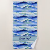 Serviette De Plage Ajouter Nom, Surf Vagues Bleu & Blanc (Devant)