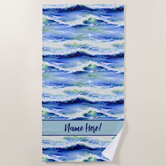 Serviette De Plage Ajouter Nom, Surf Vagues Bleu & Blanc (Devant)