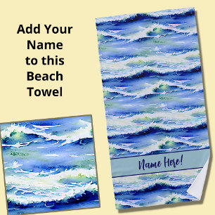 Serviette De Plage Ajouter Nom, Surf Vagues Bleu & Blanc