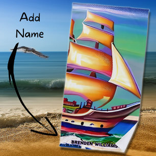 Serviette De Plage Ajouter nom, voilier avec Gold Sails Ocean Sea