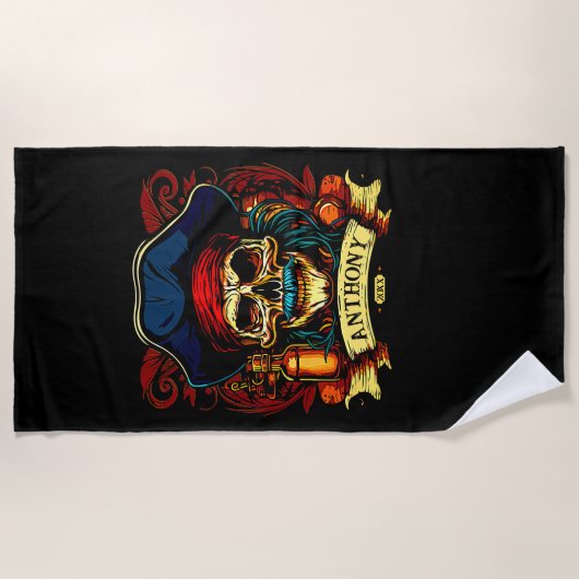 Serviette De Plage Ajouter un nom Année, Pirate Skull Face Blue Casqu (Devant)