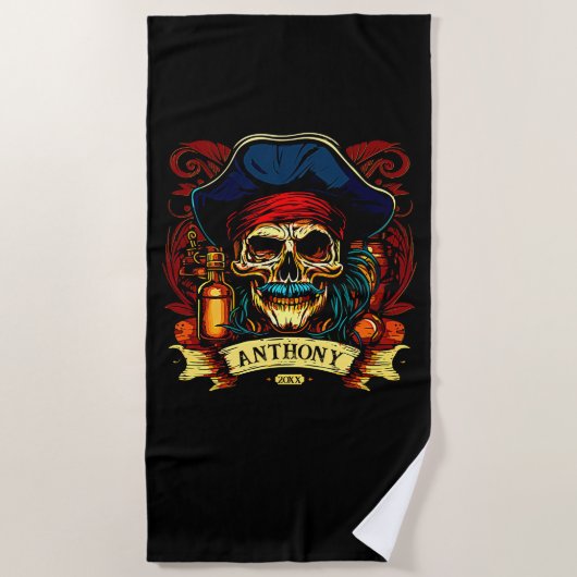 Serviette De Plage Ajouter un nom Année, Pirate Skull Face Blue Casqu (Devant)