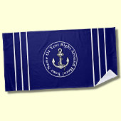 Serviette De Plage Ajouter un nom, Bleu Blanc Ancre Nautique & Stripe