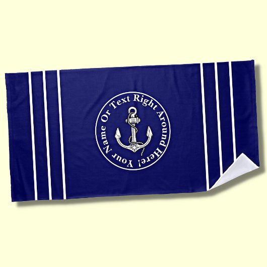 Serviette De Plage Ajouter un nom, Bleu Blanc Ancre Nautique & Stripe