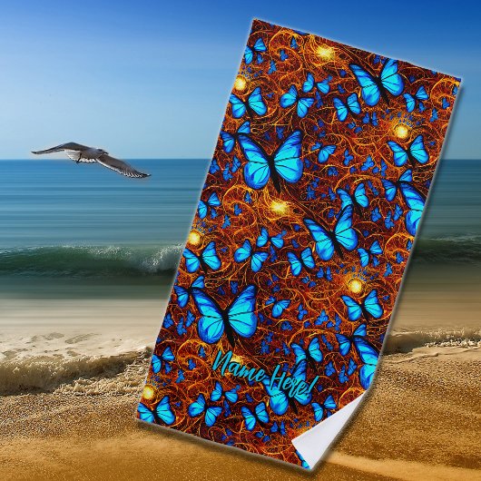 Serviette De Plage Ajouter un nom, Bright Blue Butterflies sur Golden
