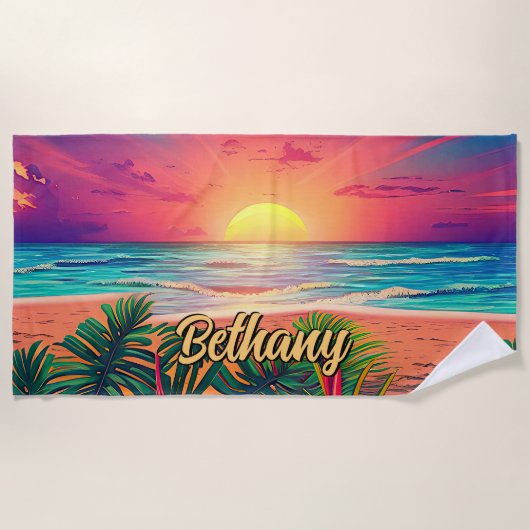 Serviette De Plage Ajouter un nom, coucher de soleil sur mer Sable Pa (Devant)