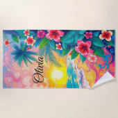 Serviette De Plage Ajouter un nom Fleurs tropicales roses au coucher (Devant)